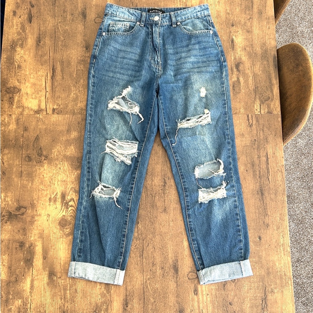 Parisian Works Women's Distressed Boyfriend Jeans in Blue